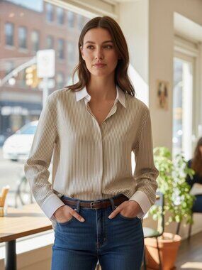 Zara Striped Button Down Shirt Contrast Collar Size L Neutral